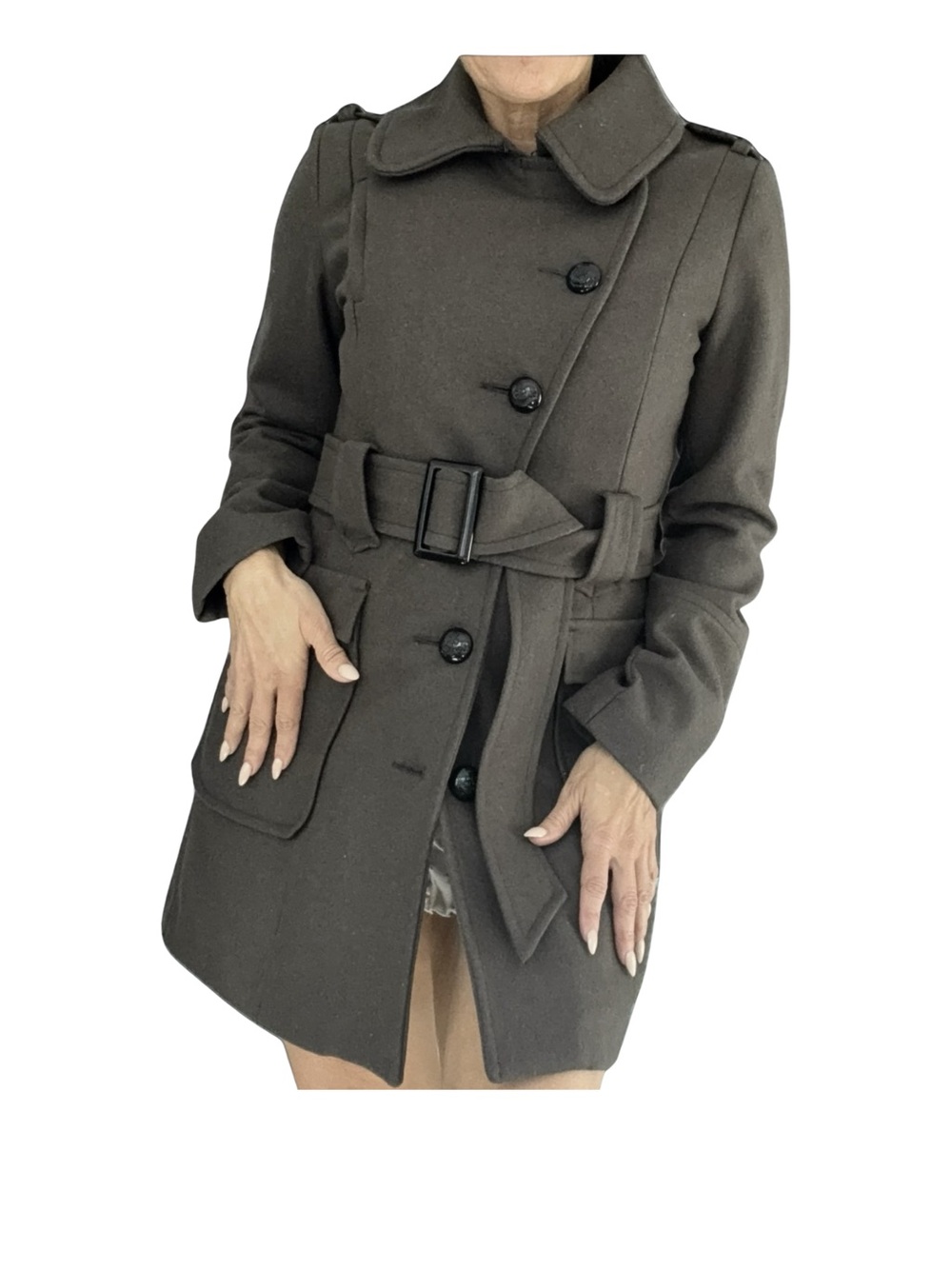 Louis Louis - Womens Olive Wool-Blend, Fully Lined Belted Peacoat - Medium